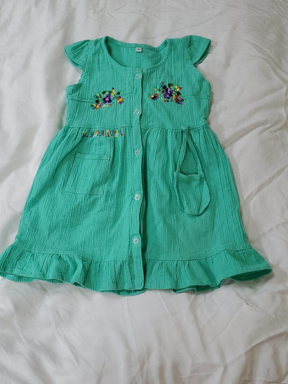 Girls' Mint Green Button-Front Dress with Floral Embroidery 3T